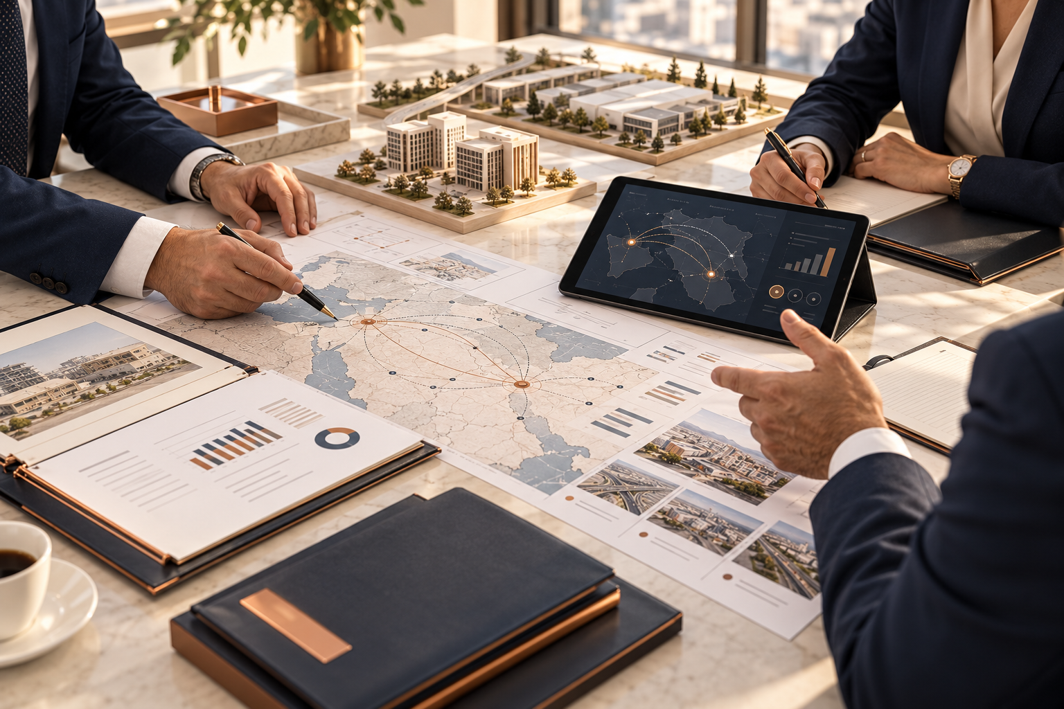 Business development team reviewing regional opportunities and market connections